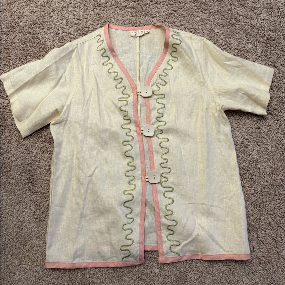 Linen Women's Cream and Pink Button-Front Top